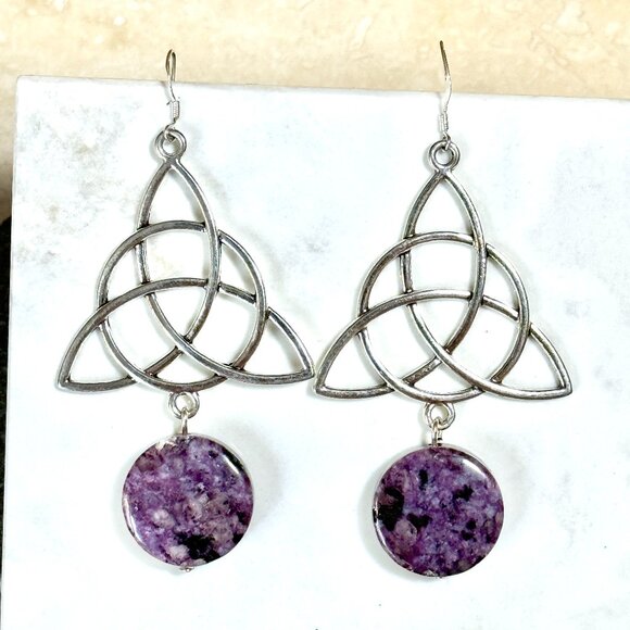 2/$20, Genuine Violet Charoite Celtic Trinity Sterling Silver Dangle Earrings - Picture 1 of 9